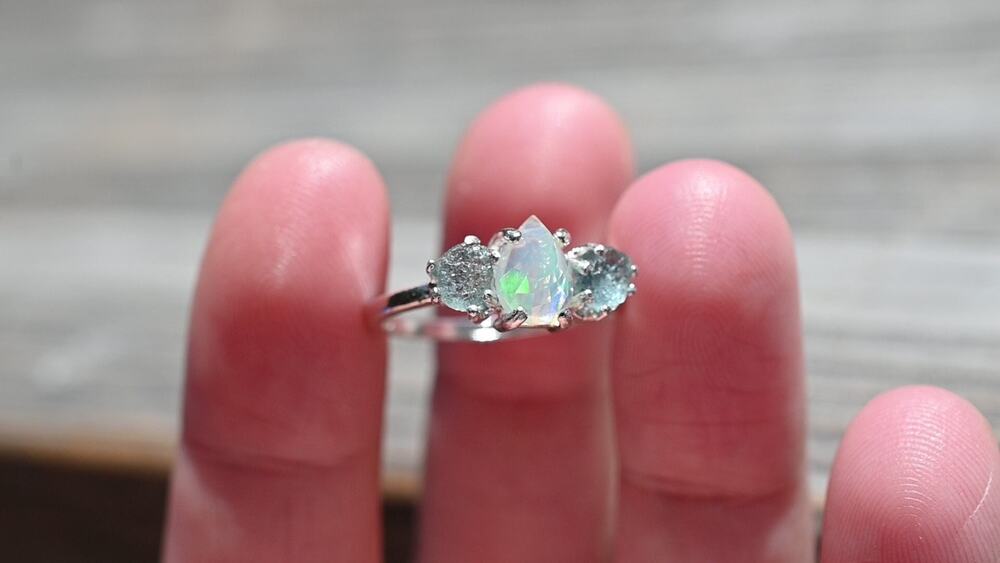Ethiopian opal and raw Montana sapphire ring, unique opal ring, jewelry for her